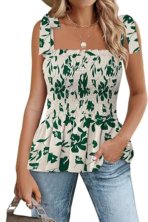 Micoson Ruffle Tank Tops for Women Summer Square Neck Sleeveless Tops Tie Shoulder Chiffon Blouse Babydoll Shirts