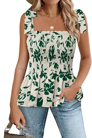 Micoson Ruffle Tank Tops for Women Summer Square Neck Sleeveless Tops Tie Shoulder Chiffon Blouse Babydoll Shirts