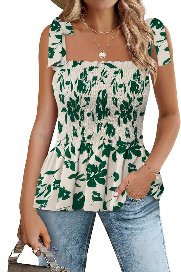 Micoson Ruffle Tank Tops for Women Summer Square Neck Sleeveless Tops Tie Shoulder Chiffon Blouse Babydoll Shirts