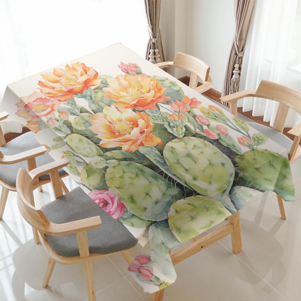 Dunmat Rustic Cactus Flower Tablecloth Table Covers Vintage Style Green Plants Rectangle Tables Cloth Washable Polyester Table Cloth for Outdoor and Indoor Use 60Wx102L Inch