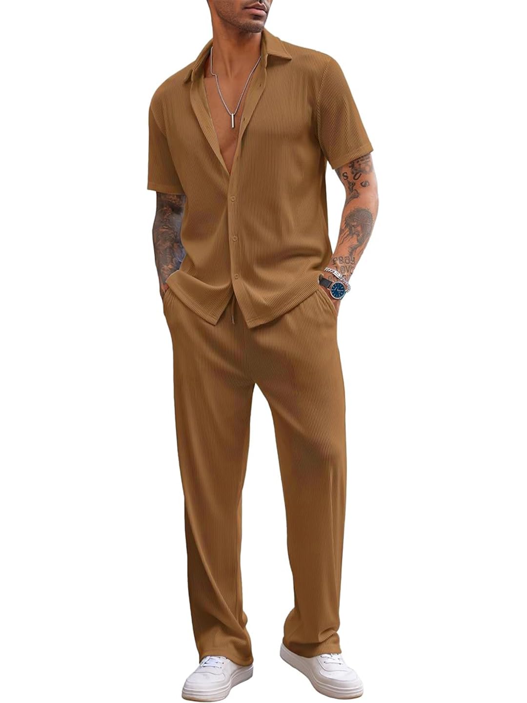 CHKOKKO Men Training Suit Solid Polyester Summer Co-Ord Set With Polo Neck-picture-31