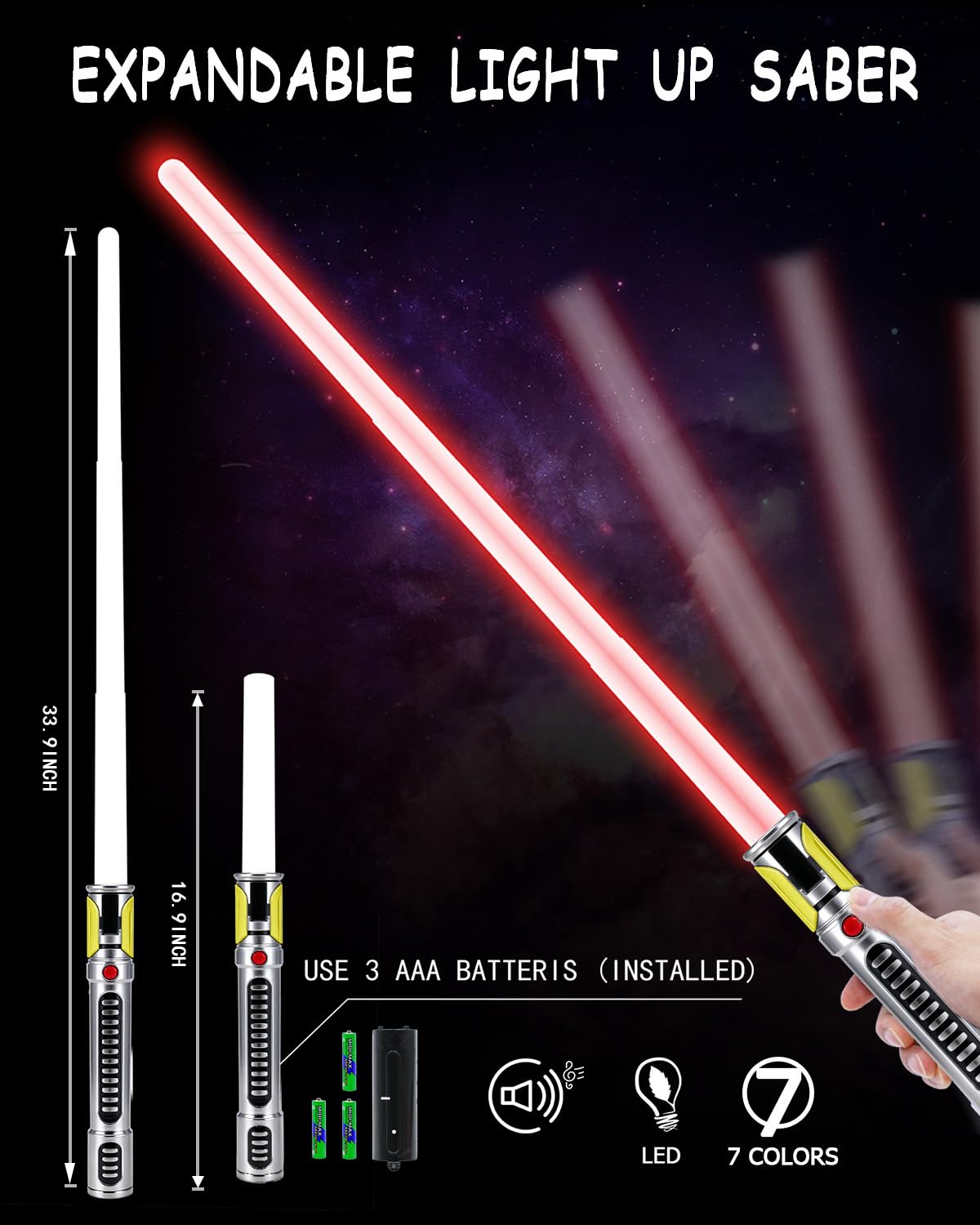 Lot de 4 sabres lumineux à DEL extensibles avec son FX (sensible au mouvement), 7 couleurs, jouet d'épée de combat galaxie pour enfants, cadeau d'Halloween, de Noël ou d'anniversaire