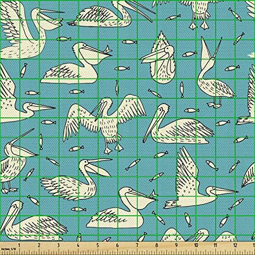 Lunarable Pelican Fabric by The Yard, Aquatic Nature Theme Birds and Little Fish on Ocean Inspired Background, Decorative Fabric for Upholstery and Home Accents, 1 Yard, Black Cream - 1
