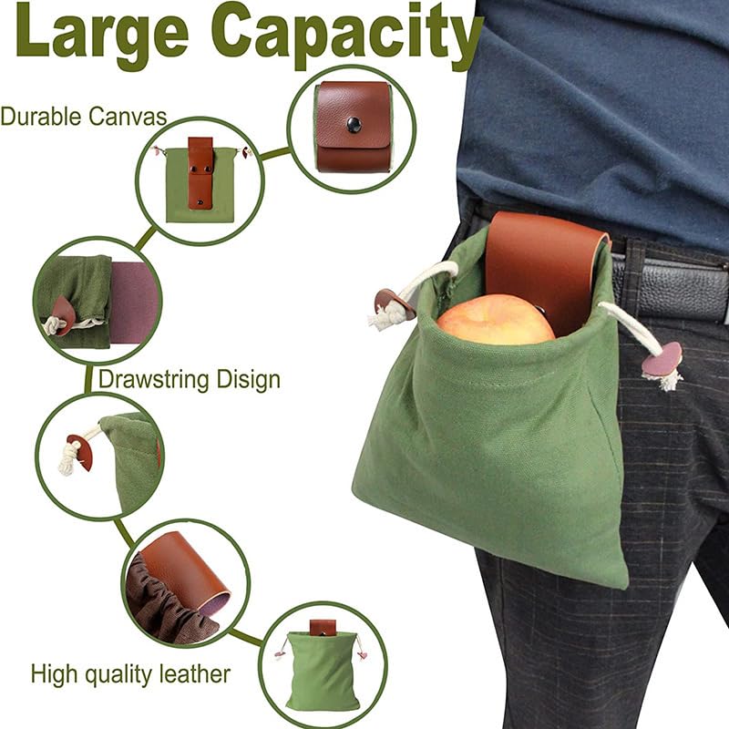 Canvas Drawstring Storage Bag with Leather Flap, Army Green, 8.5 x 7.9 inches, Large Capacity Pouch (army green)2