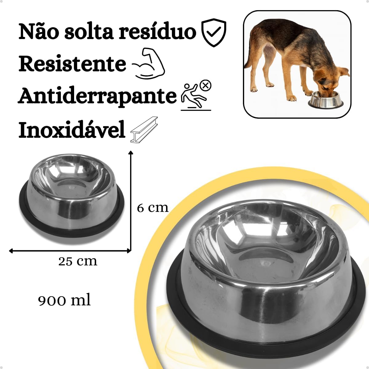 KIT 2 Comedouro de Inox 900ml para Cães e Gatos Raças Médias Pote Ração Água Bebedouro Antiderrapante