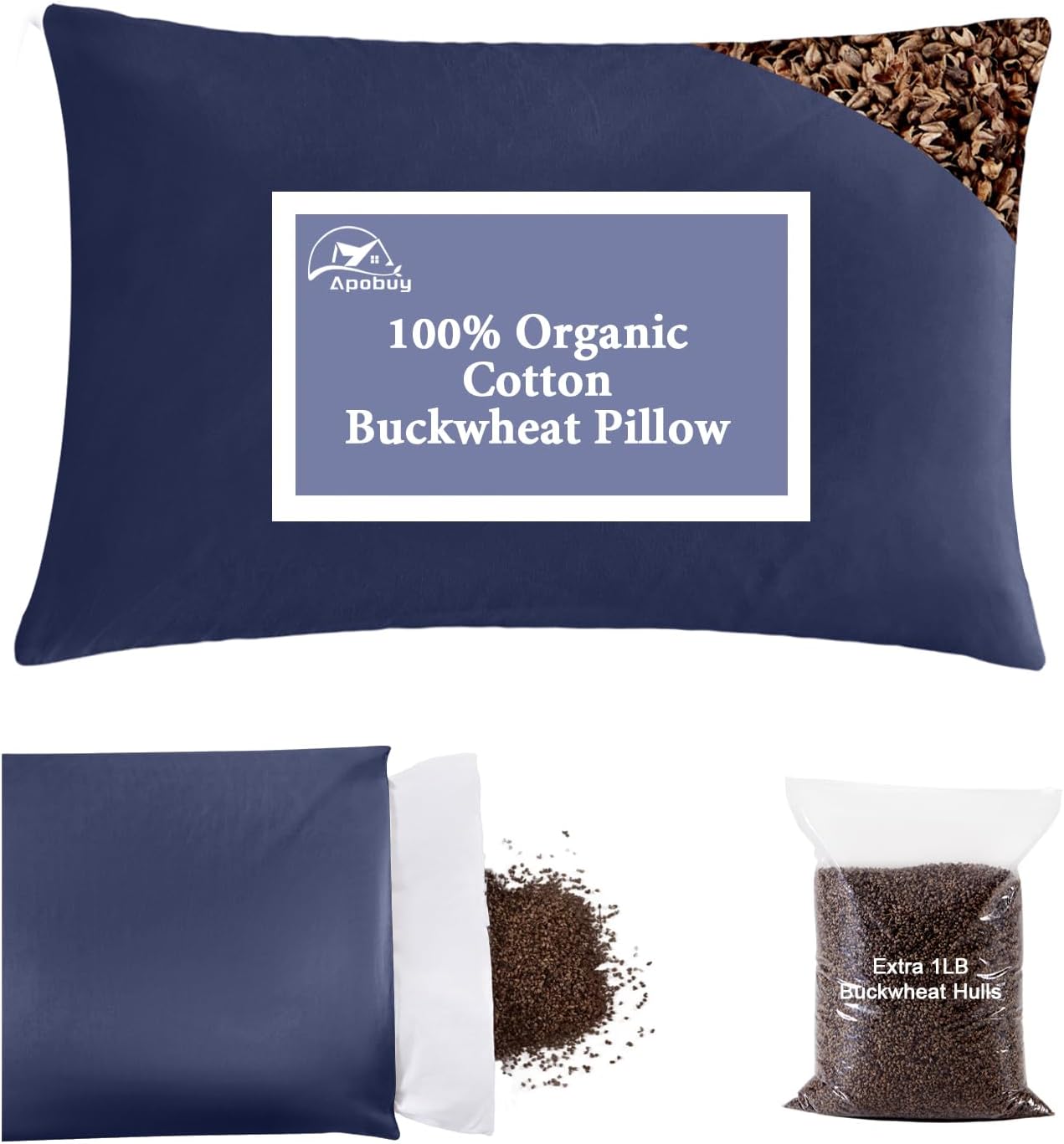 Organic Buckwheat Pillow for Sleeping with Dual-Layer Pillowcase and Extra Tartary Buckwheat Hulls, Adjust Height and Firmness, Neck Support Pillow for Back and Side Sleepers 16"x22", Navy Blue
