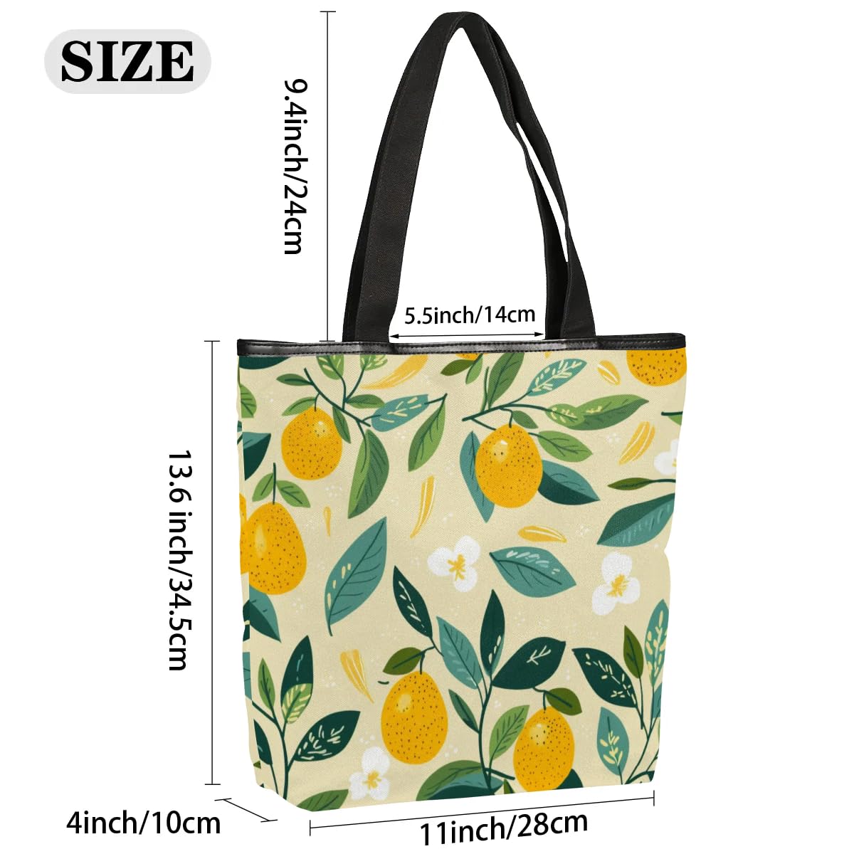 Mularoka Flower Leaf Lemon Watercolour Canvas Tote Bag with Zipper and Pockets Canvas Tote Shopping Bag Women Reusable Grocery Bag for Beach Travel Gym Shopping