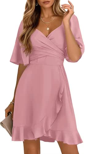 Dokotoo Women's Wrap V Neck Short Flared Sleeve Wedding Guest