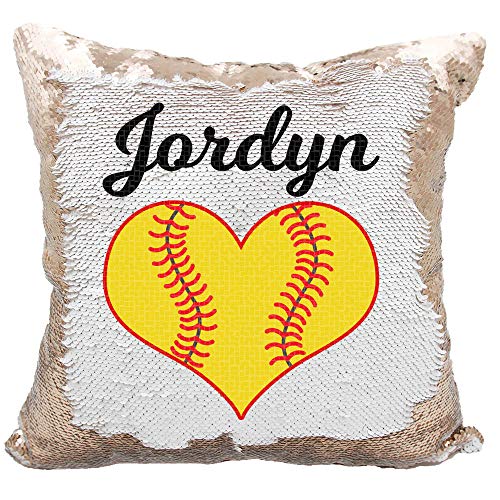 Softball Heart Girls Personalized Mermaid Reversible Sequin Pillow (Rose Gold/White)