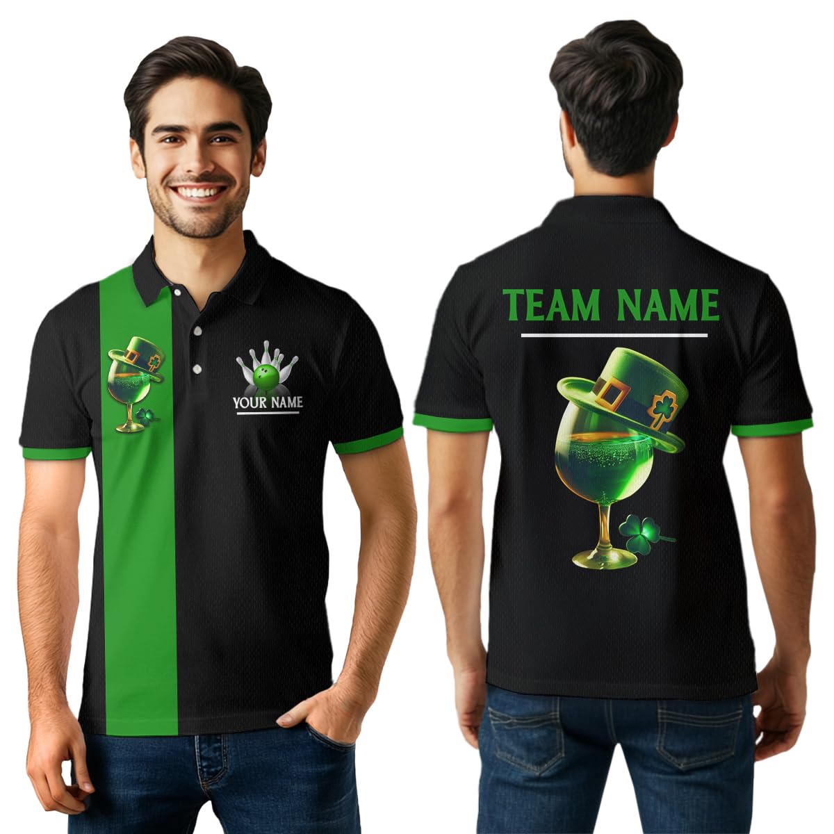 PIONAMZIOZ Green Bowling Shirt Custom St Patrick Day for Men Women Polo & Quarter-Zip Bowling Jersey (US, Alpha, Small, 5X-Large, Regular, Regular, Men Polo)