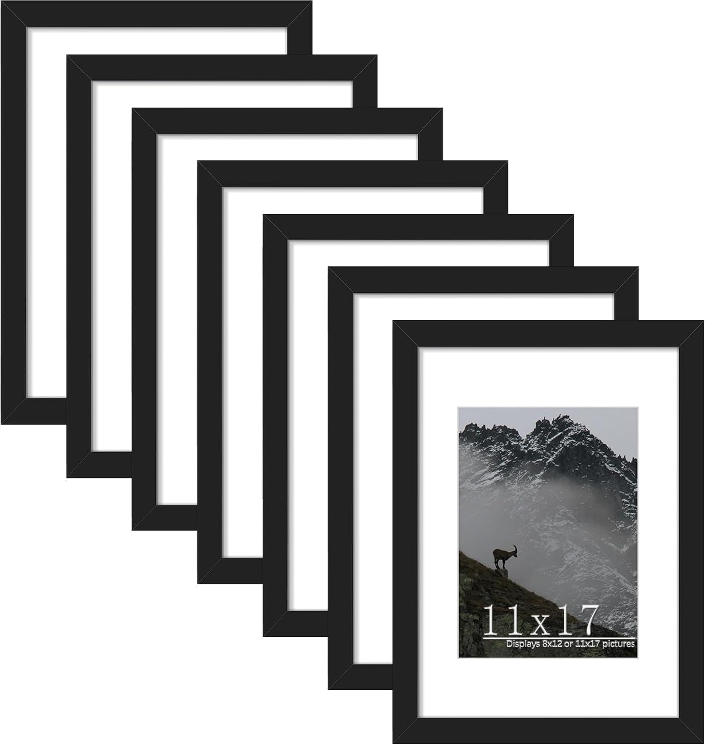 Picrit 11x17 Picture Frame Set of 7, Display 8x12 with Mat or 11x17 without Mat, Photo Frames for Wall Mounting Display, Black