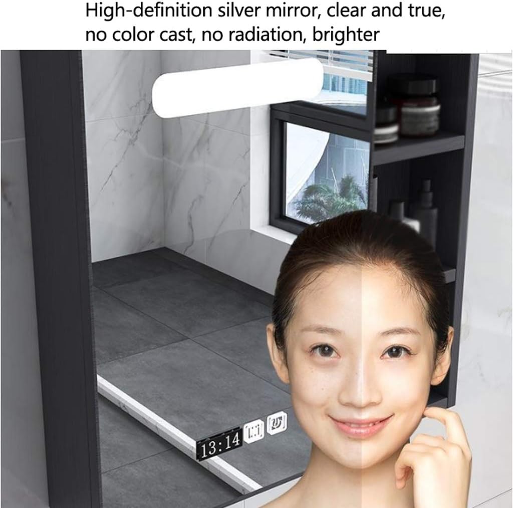 LED Illuminated Bathroom Mirror Cabinet,Wall Mounted Stainless Steel Storage Cupboard with Light Tough Switch,One Click Defogging,Black,Silver. (Silver 70cm)
