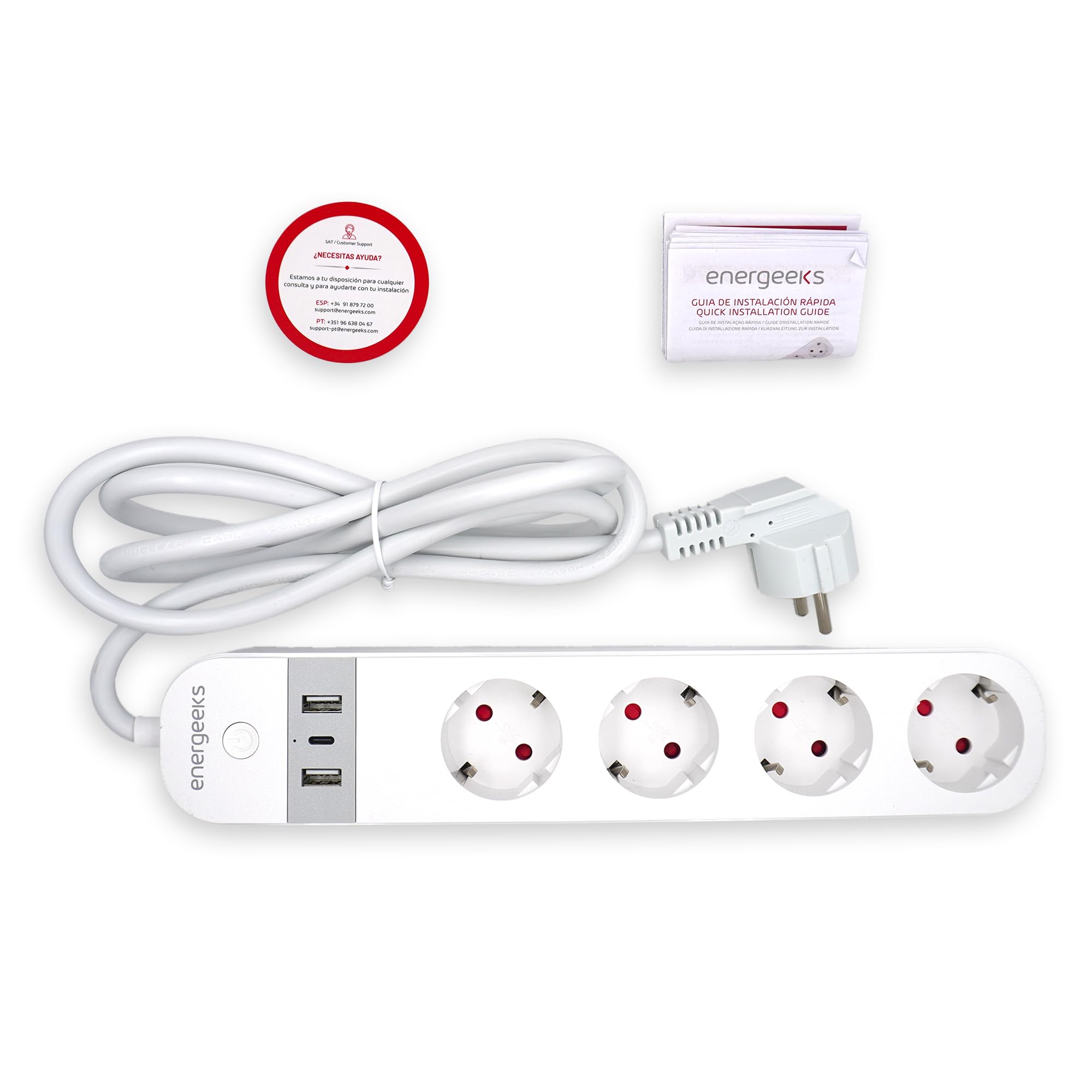 Energeeks - Regleta Enchufe WiFi Inteligente - Medidor de Consumo Integrado - 4 Entradas - 2 USB - 1 USB-C - Tipo Schuko - 2,4 GHz - 16A/3680W - 240V/60Hz - App Móvil - Compatible con Alexa y Google