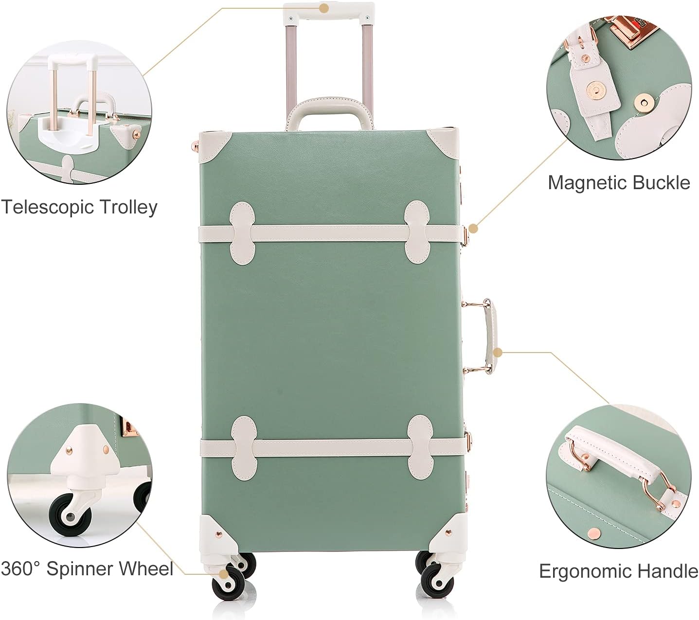UNIWALKER Vintage Suitcase Set, 2 Piece Designer Trunk Luggage Set with 12inch Cosmetic Train Case for Women, mint green, 24in+12in
