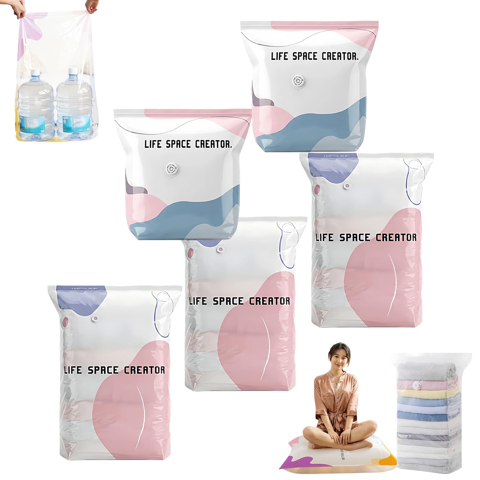 Thickened Better Life Space vacuum bag, reusable 3D vacuum storage bag without pump, waterproof vacuum bag clothing, seasonal storage effortless(M+M+L+L+L)