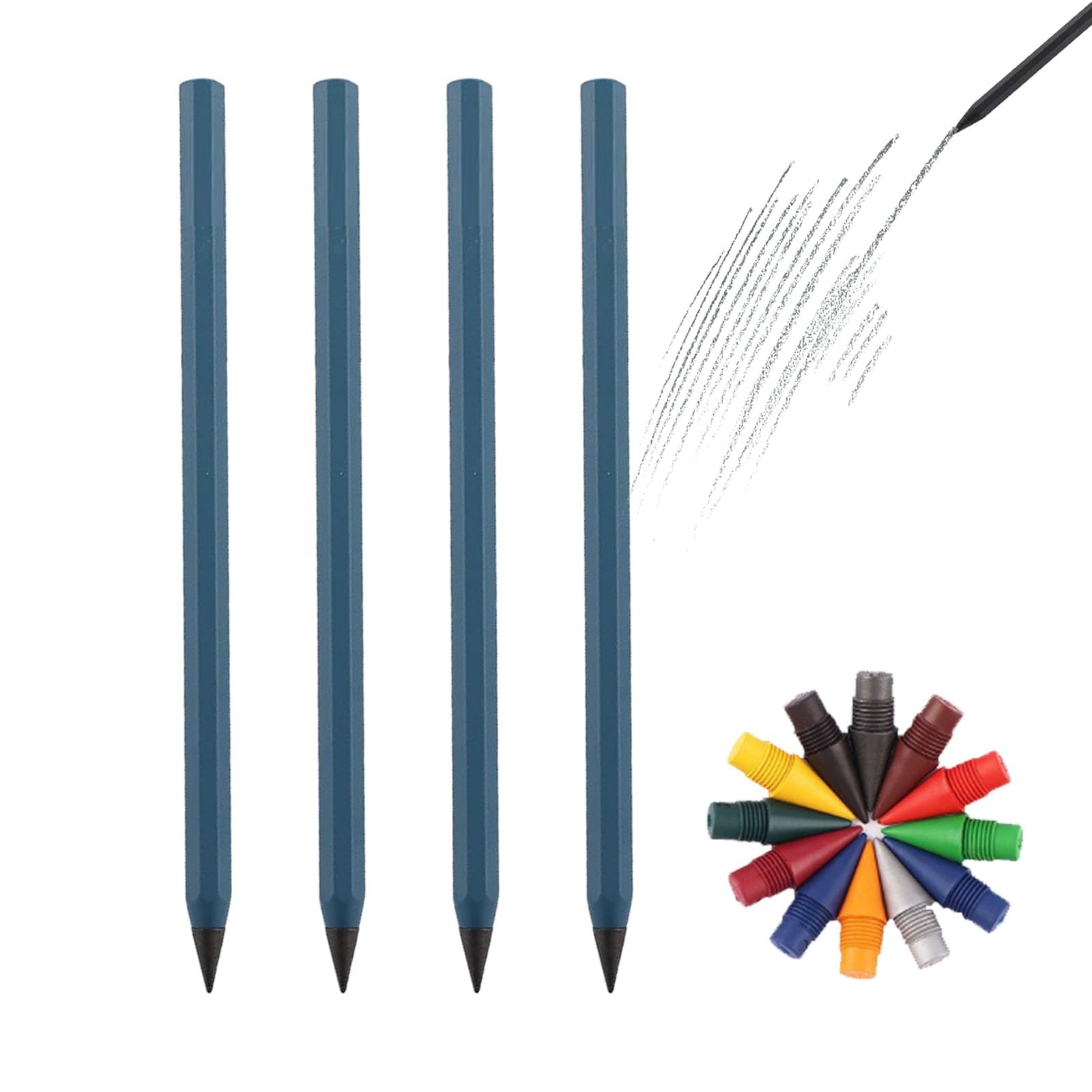everpen Forever Pencil,Metal Infinity Pencil with Replaceable Nib, Metal Alloy Writing Instrument, With 12 Colored Refill Tips, Pencils for Drawing, Sketching and Writing (4pcs-Blue+Colored Pen Tip)