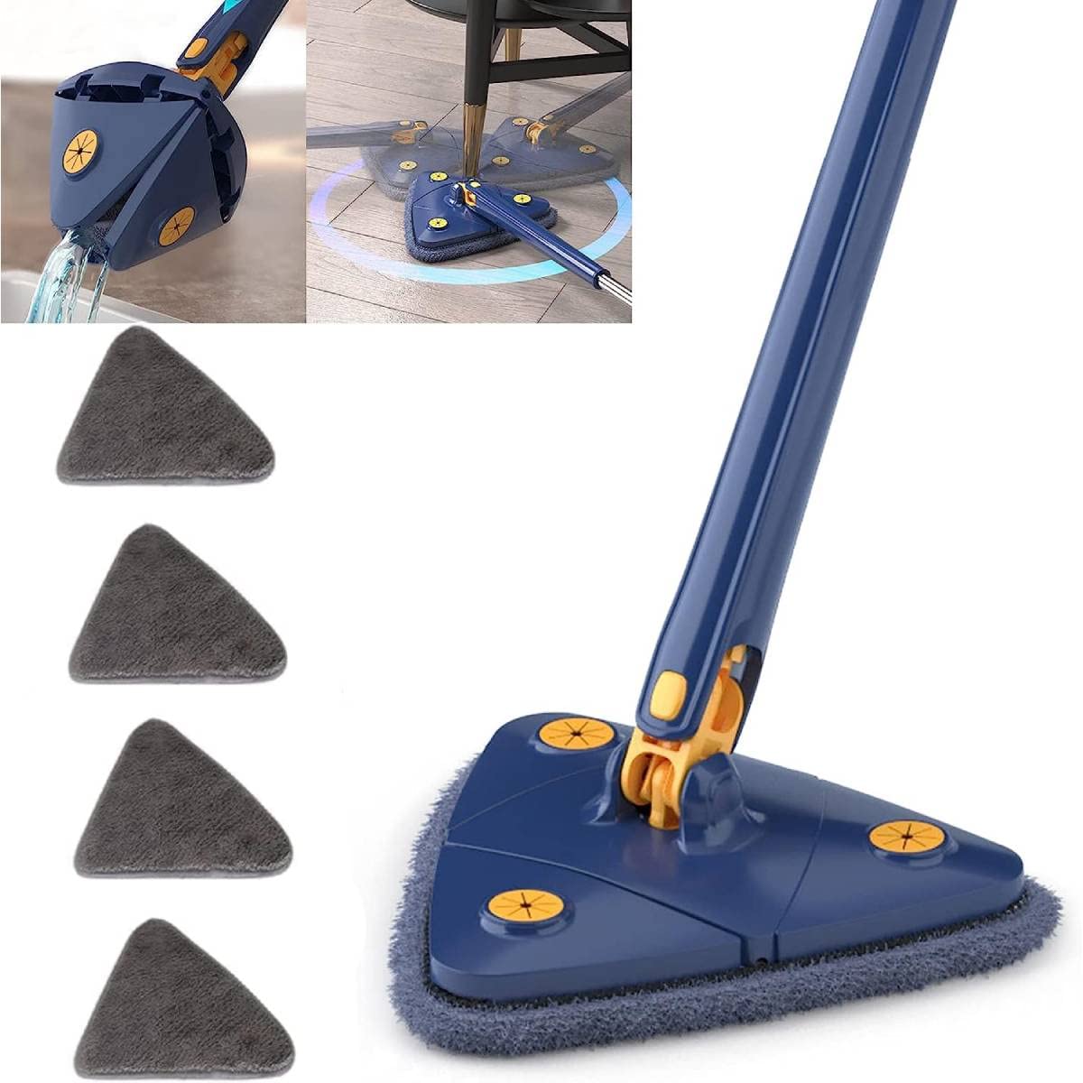 360° Rotatable Adjustable Cleaning Mop Extendable Triangle Mop Microfiber Mop with Long Handle Multifunctiona Push-Pull Automatic Squeezing Mop with Replacement Pads for Cleaning Walls (Blue 4)