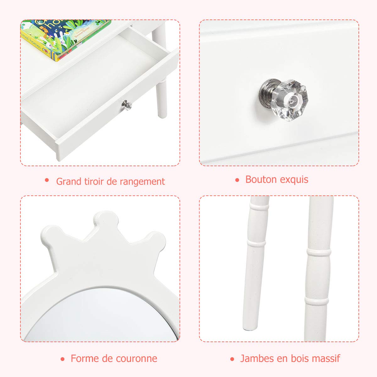 COSTWAY Coiffeuse avec Tabouret de Filles,Table de Maquillage pour Enfants, Style Princesse Européenne avec Tiroir et Miroir (Blanc)