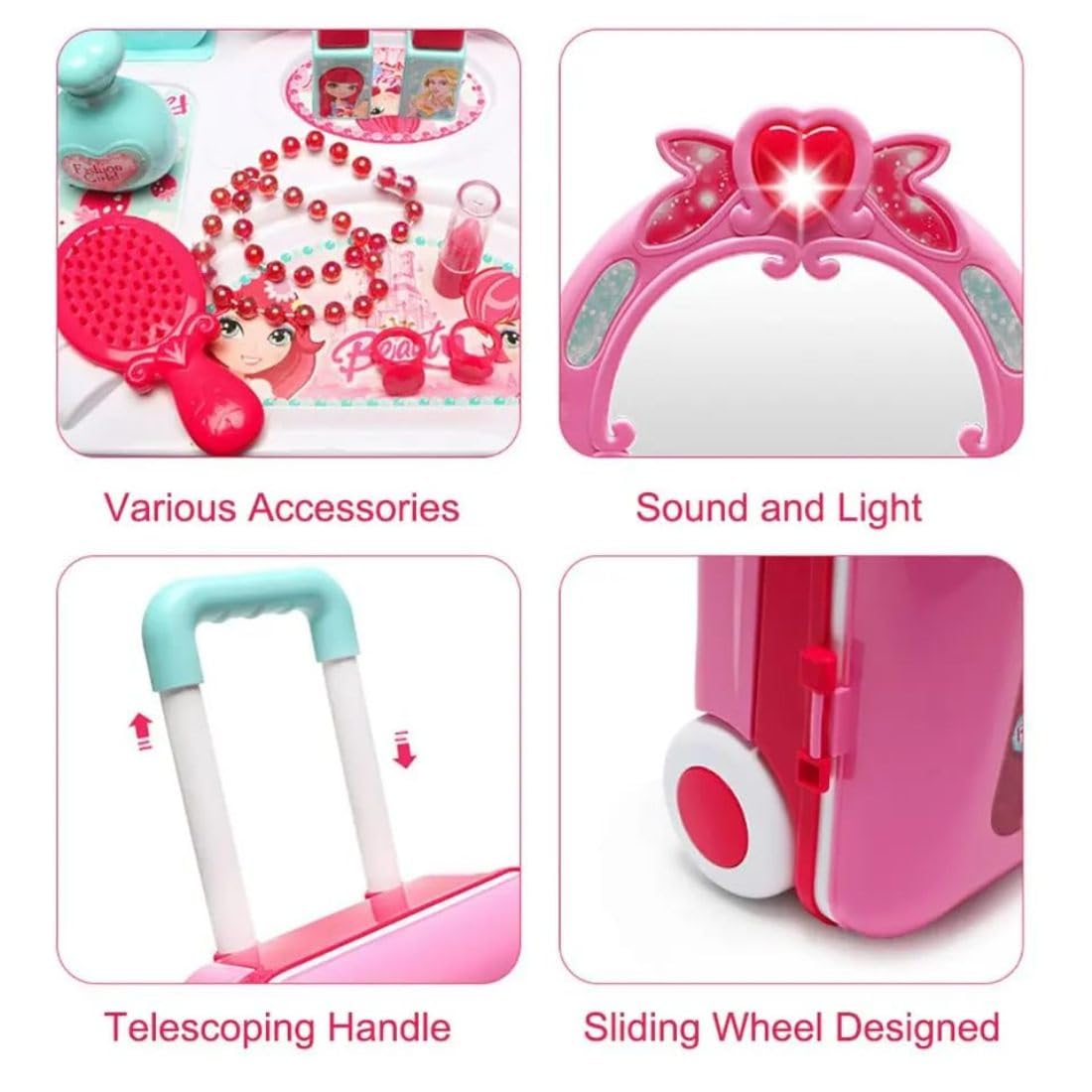 UB Toys Beauty Makeup Kit For Doll Girls Cosmetic Set 2 In 1 Vanity Table Portable Trolley Pretend Play Set Toy With Make Up Accessories For Kids Plastic 3
