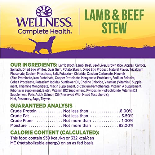 Image of Wellness Complete Health Stew Adult Canned Wet Dog Food, Grain Free, Natural, Lamb and Beef Recipe, 12.5 oz, Pack of 12 Cans