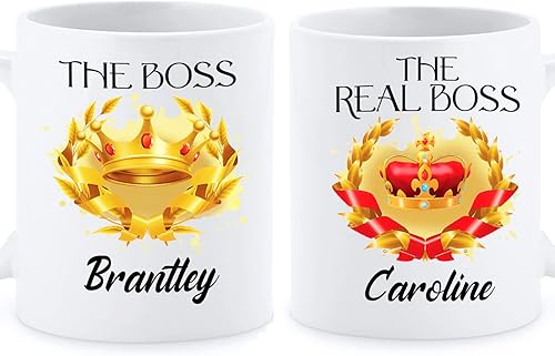 The Boss & The Real Boss - Juego de 2 tazas de café con nombre personalizado para pareja, regalos personalizados para marido y esposa, taza de