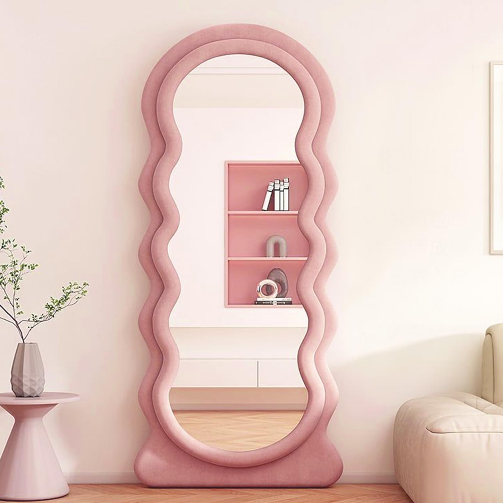 CEIEVER Irregular Wavy Mirrors, Full Length Mirror 160x60 CM Arch Floor Standing Mirrors Asymmetrical Mirror for Living Room,Bathroom,Bedroom,Entryway Wall Decor (Pink)