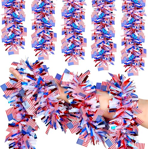 Image of 50FT 4th of July Patriotic Tinsel Garland, Glitter Tinsel Garlands with Flag, Metallic Holiday Hanging Streamers for Memorial Day Independence Day Indoor Outdoor Party Decor