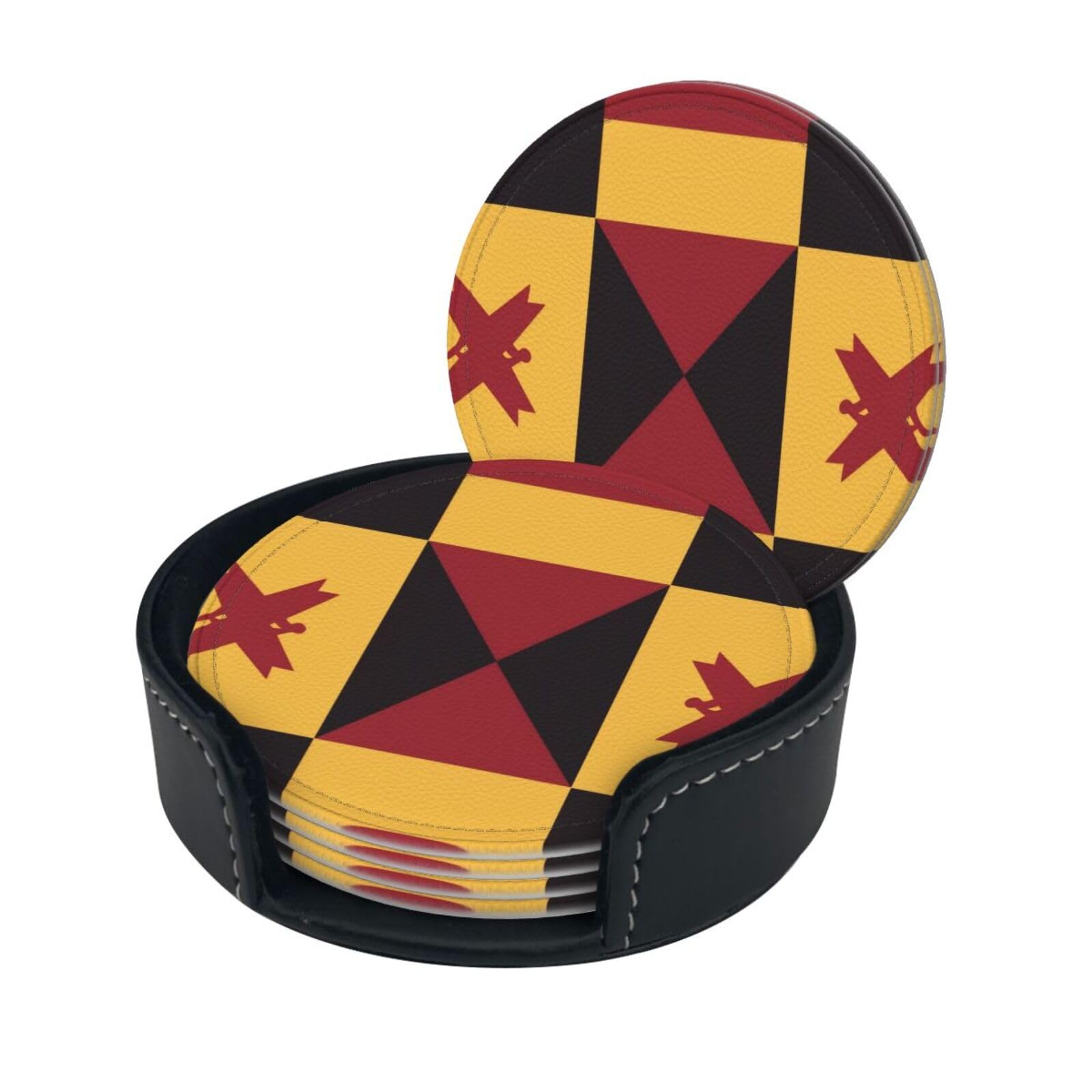Stylish Coasters - Flag of Maryland Set of 6 Round Leather Drink Coasters with Holder - Perfect Size for Cups and Glasses