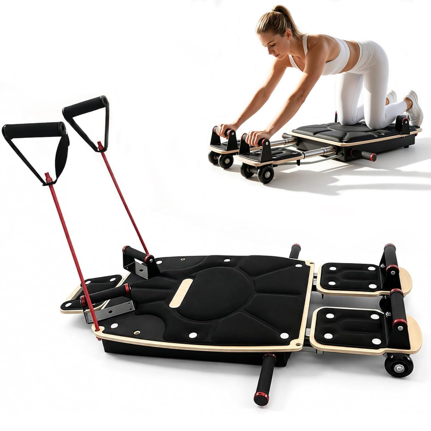 Tabla De Pilates Reformer para Entrenamiento En Casa, Tabla De Pilates Plegable De Madera con Almohadillas Dobles Y Divididas para Los Pies, Bandas De Resistencia Ajustables, Black