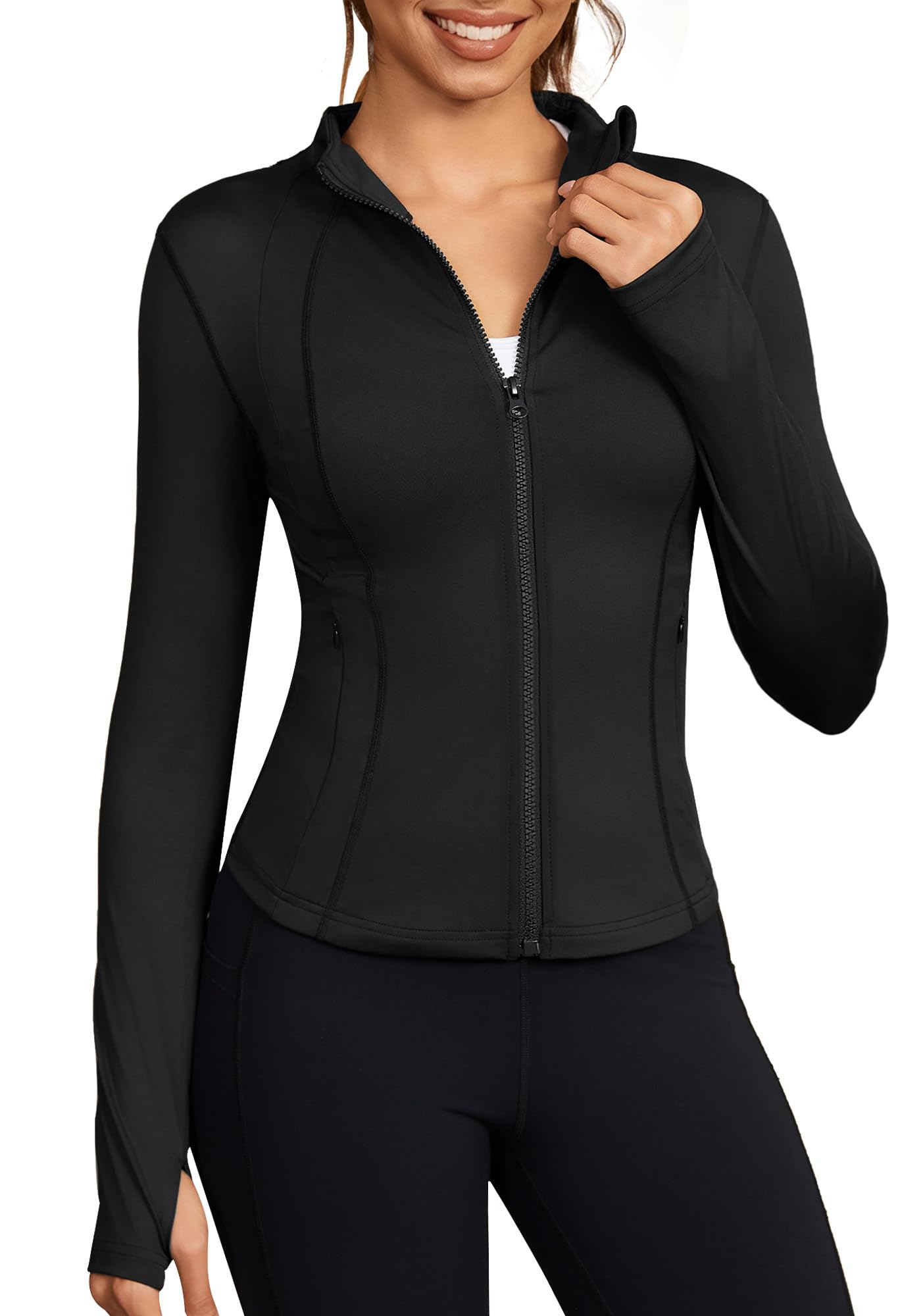 Workout Jackets for Women Lightweight Zip Up Slim Fit Yoga Sportwear Stretchy Crooped Running Jacket with Thumb Holes