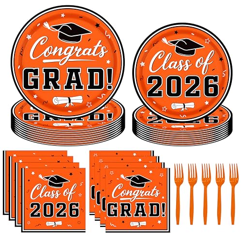 Orange Graduation Decorations 2026 200Pcs Black and Orange Graduation Plates and Napkins Forks for Graduation Party Decorations Class of 2026 Graduation Party Supplies Serve 50