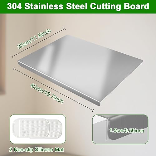Miniatura 2 de FUYAHA Tabla de cortar de acero inoxidable para cocina, tablas de cortar grandes 304 con tapa y almohadilla antideslizante para encimera, adecuada