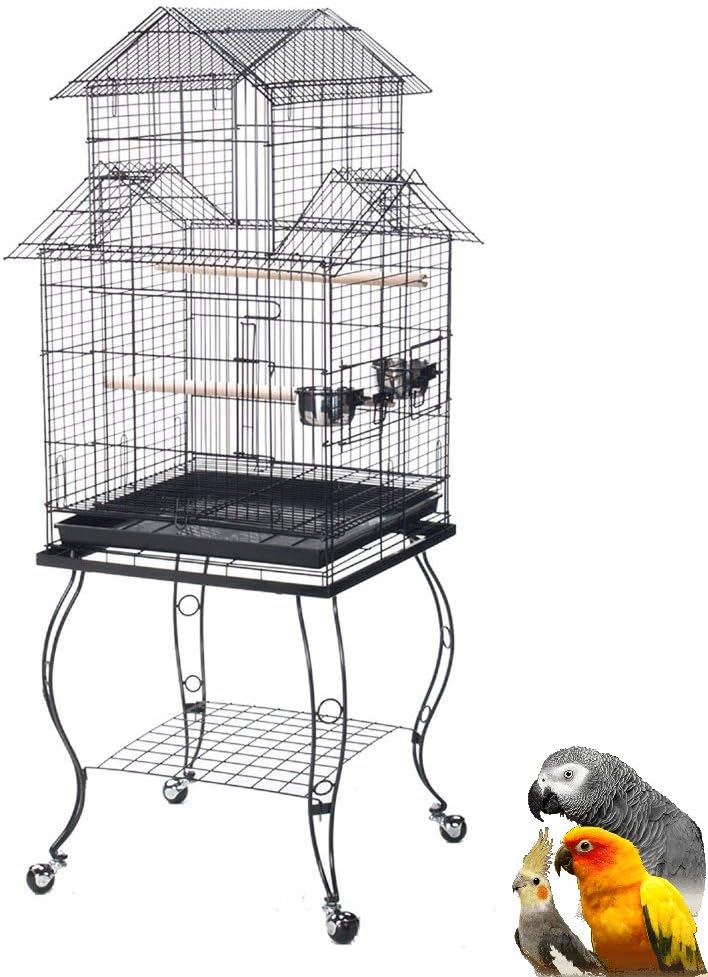55 Rolling Standing Triple Roof Top Medium Bird Cage for Mid-Sized Parrot Cockatiel Sun Parakeet Green Cheek Conure Caique Pet Bird Cage with Detachable Stand