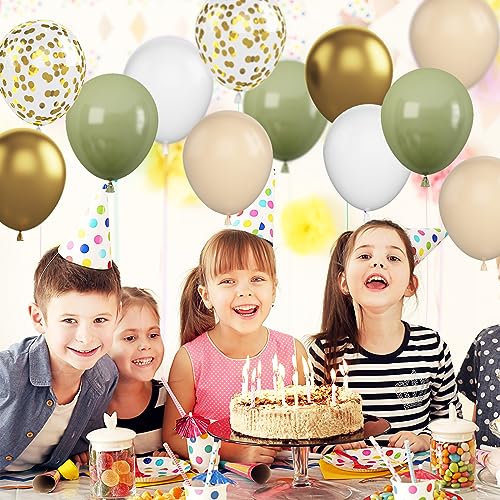 Image of Green & Gold Balloons - 60 Pcs Sage Green & Apricot, 12 Inch Metallic Gold Confetti, Retro Green Latex for Baby Shower, Wedding, Birthday, Jungle Animal Theme Party Decorations