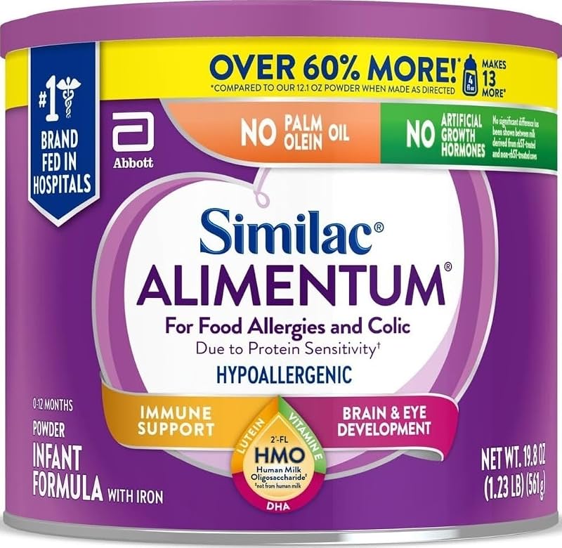 Similac Alimentum con fórmula infantil hipoalergénica 2'-FL HMO, para alergias alimentarias y cólicos debido a la sensibilidad a las proteínas, fórmula para bebés en polvo, lata de valor de 19.8 oz