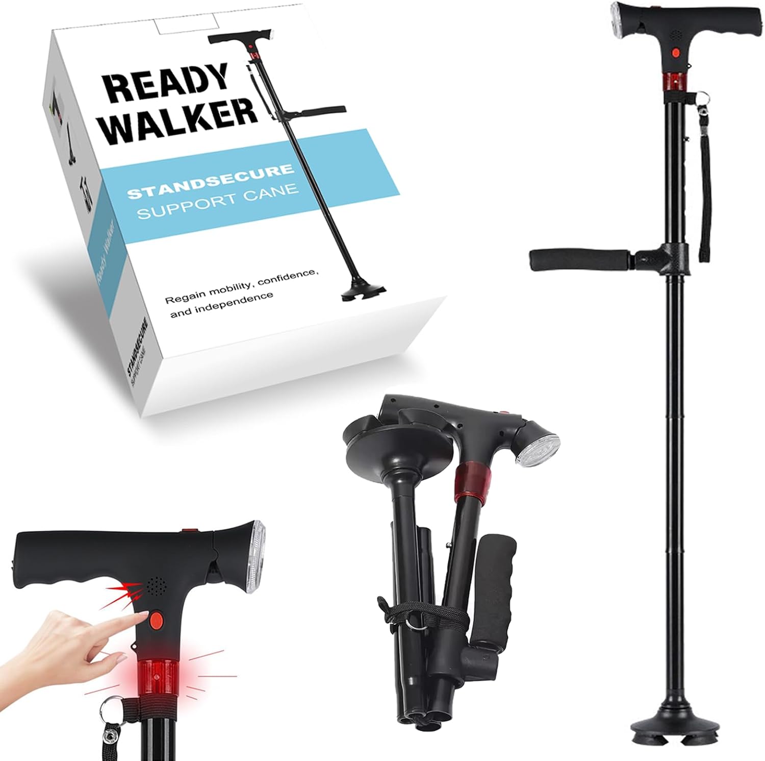 Ready Walker Cane,Adjustable Folding Walking,Dual Handles Walking Canes for Seniors with LED Light Sound Alarm,Suitable for Seniors Men and Women