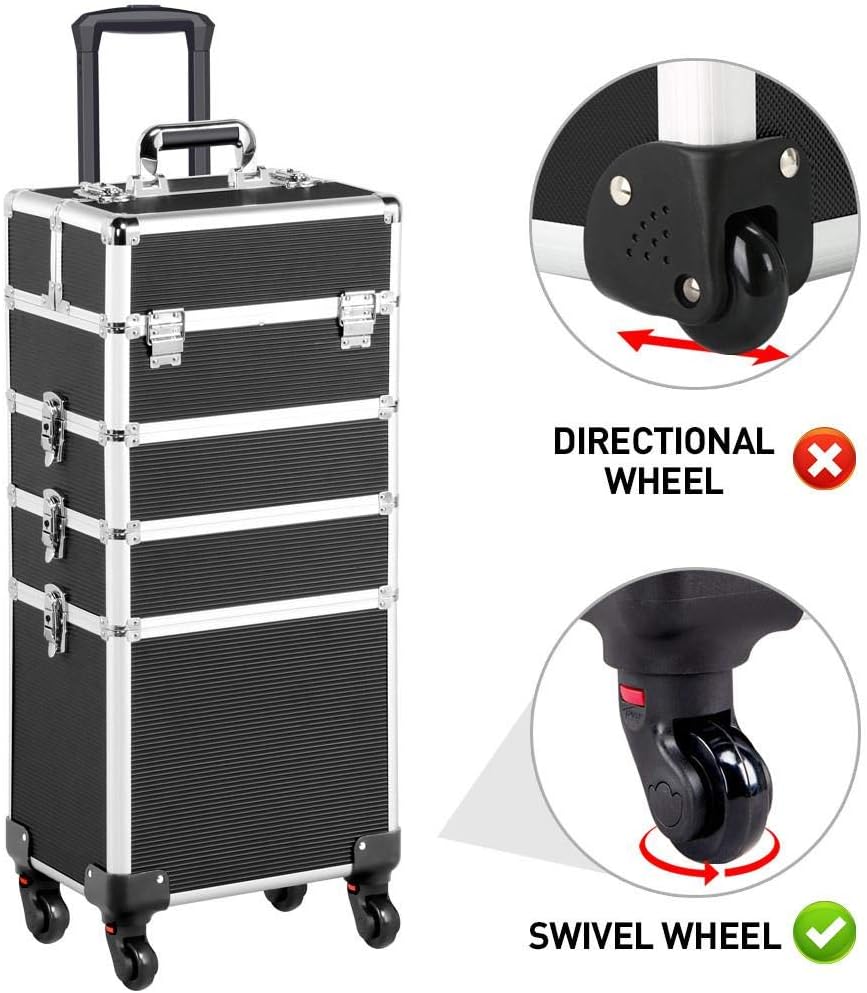 Topeakmart 4 in 1 Professional Rolling Makeup Case Large Cosmetic Train Case Makeup Organizer Case, Makeup Travel Case Travel Makeup Organizer, with Removeable Wheels - Black