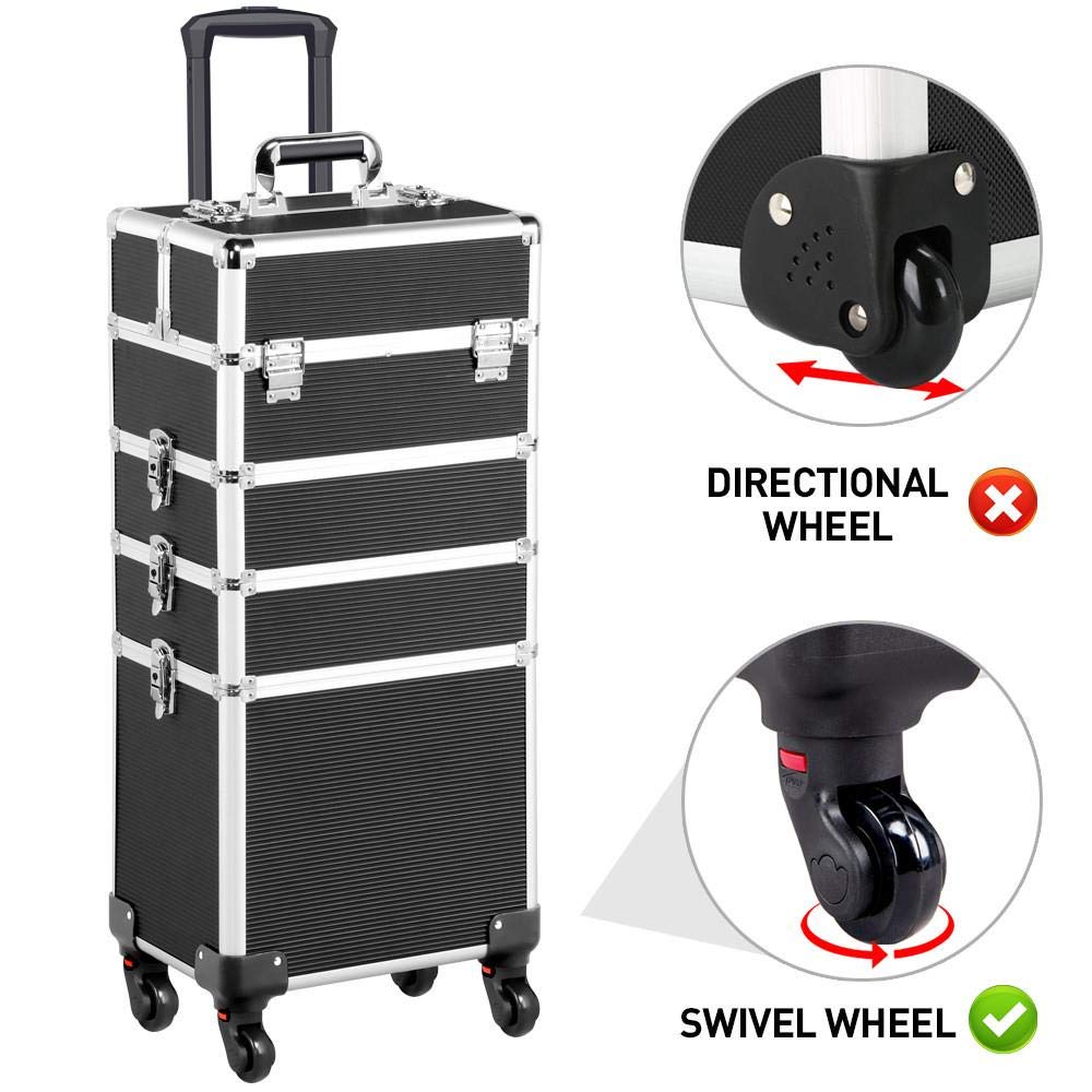 Yaheetech 4 in 1 Professional Makeup Train Case Rolling Cosmetic Trolley Makeup Case Organizer Makeup Travel Case, with 4 Detachable Removable Wheels, Black : Beauty & Personal Care