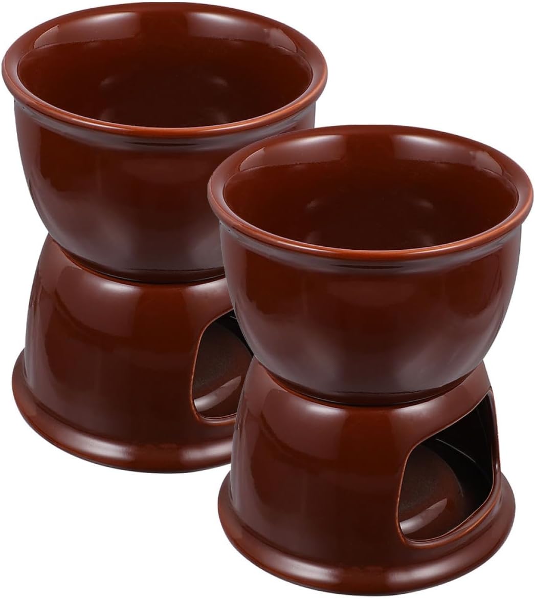 Kichvoe 2pcs Ceramic Chocolate Fondue Pots for Melting Cheese and Chocolate, Brown Porcelain Dessert Dipping Cups, Suitable for Family Gatherings and Parties