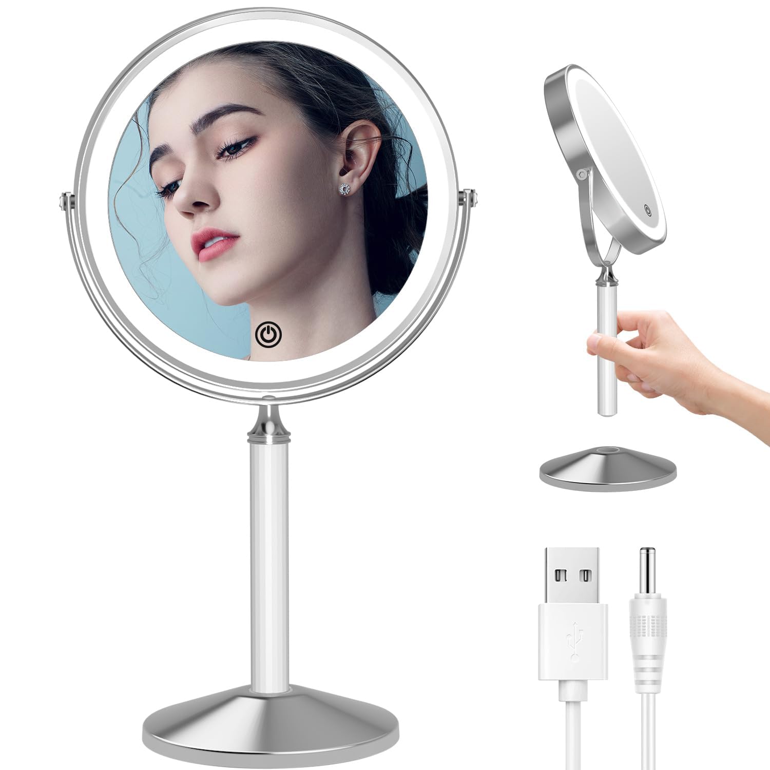 LOVESPEJO Lighted Makeup Mirror with Magnification 1X/10X, 8" Double-Sided Magnifying Mirror with Light, 3 Color Dimmable Detachable Cosmetic Mirror, Rechargeable LED Makeup Mirror, Chrome+White