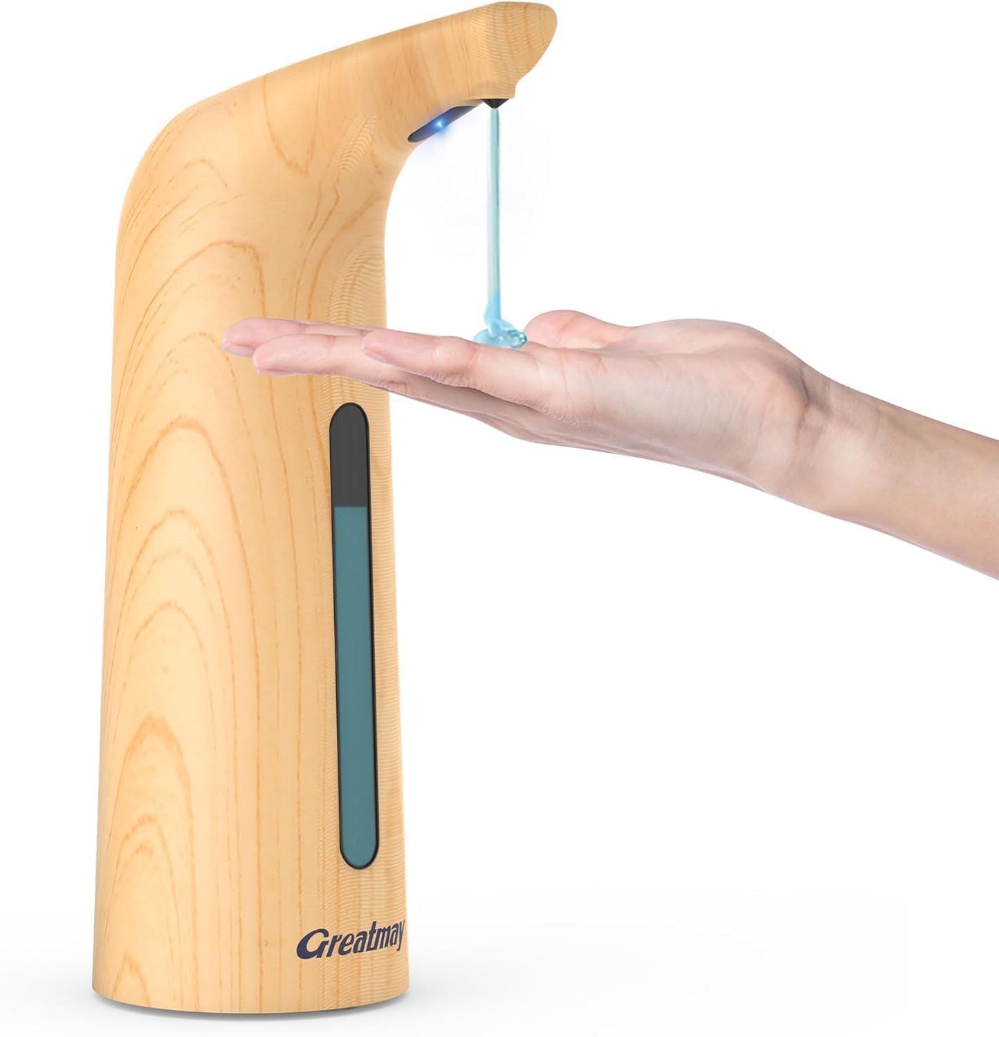 Distributeur de savon automatique avec 4 niveaux réglables, électrique, 300 ml, sans contact, avec capteur, étanche IPX6, pour salle de bain, cuisine (bois clair)