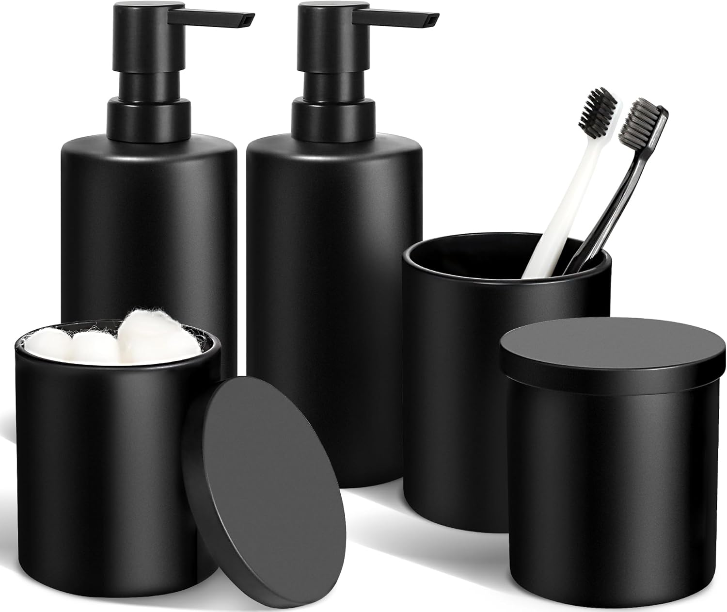 Matte Black Bathroom Accessories Set, 5 Pcs Bathroom Accessories Set, Glass Soap Dispenser and Toothbrush Holder Set, Qtip Holder and Cotton Ball Holder, Modern Bathroom Decor Sets Matte Black Bathroom Accessories Set, 5 Pcs Bathroom Accessories Set, Glass Soap Dispenser and Toothbrush Holder Set, Qtip Holder and Cotton Ball Holder, Modern Bathroom Decor Sets