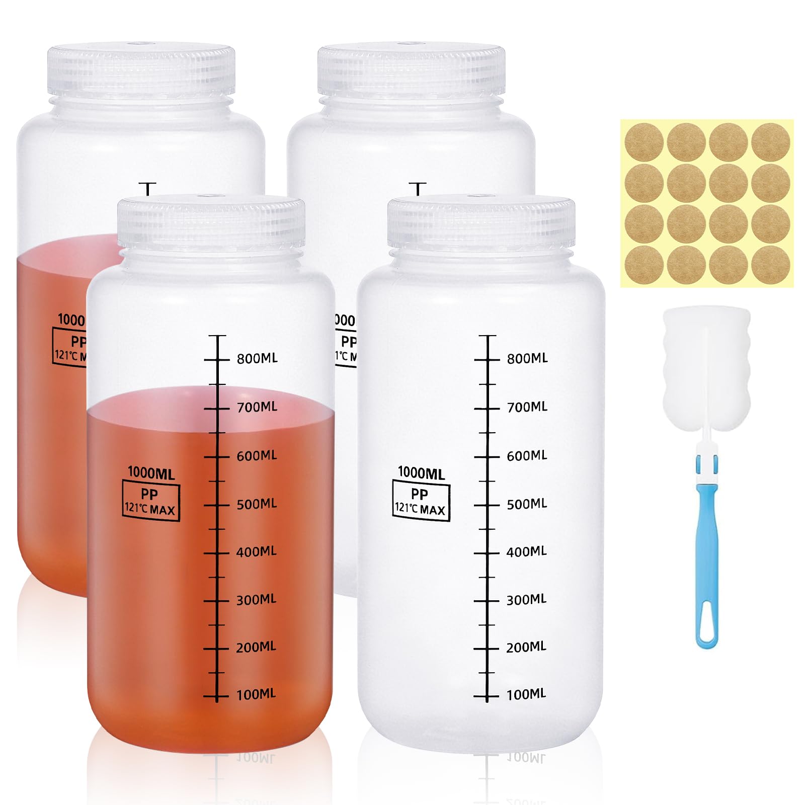 4 bottiglie a collo largo, in plastica, da 1000 ml, per laboratorio, a prova di perdite, a collo largo, con etichette scalate, per bottiglie di pillole, bottiglie di campioni d'acqua