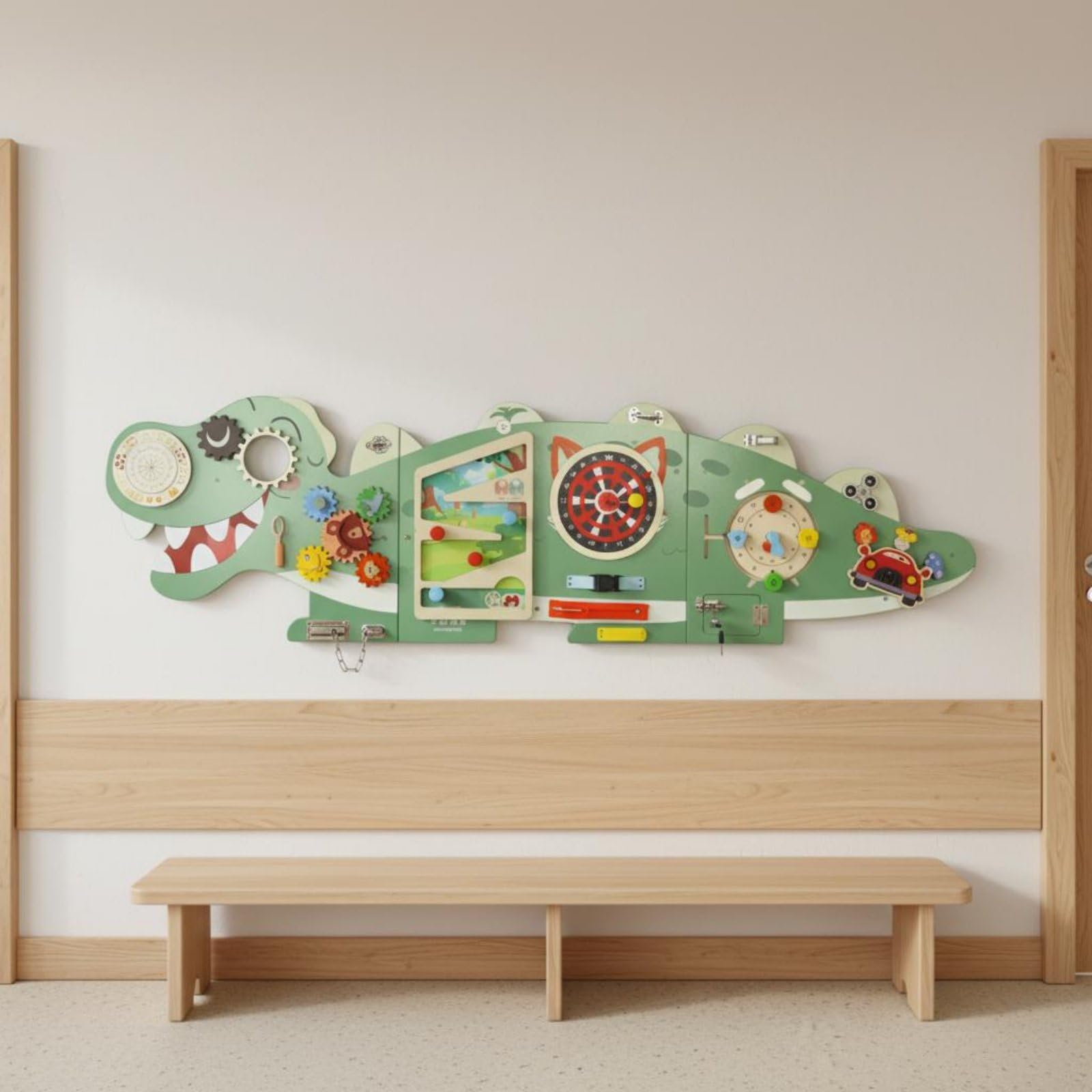 Gioco da Parete per Bambini Pannello Busy Interattivo con Ingranaggi Quadrante Cursori E Serrature in Legno per Apprendimento Attivo Adatto per Camerette Aree Gioco