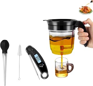 Fat Separator with Kitchen Pro Strainer and Bottom Release, 33 oz Gravy Grease Separator for Healthier Cooking, Clear Plastic Glass with Black Lid (Black)
