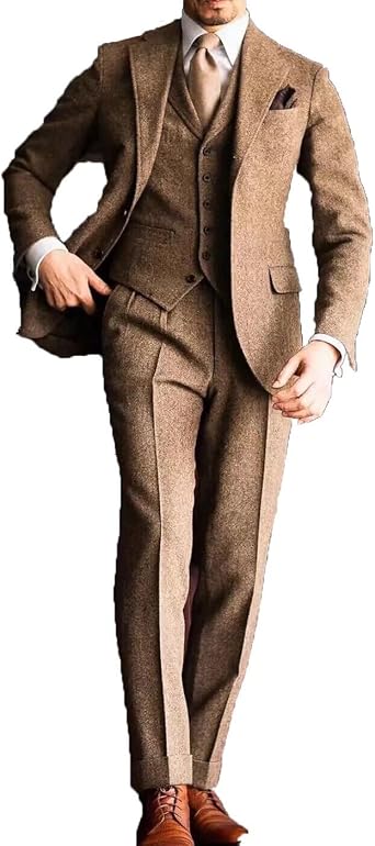 Herringbone Mens Suit 3 Pieces Blazer Pants Vest Tweed Tuxedos Peak Lapel Male Set for Wedding Prom