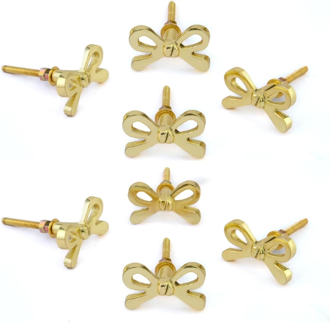 Perilla Home Set of 8 Brass Bow Knobs for Cabinet & Drawers Decorative Bow Knobs for Home Kitchen Cabinet Hardware Cupboard Metal Door Dresser Wardrobe and Drawer Pulls