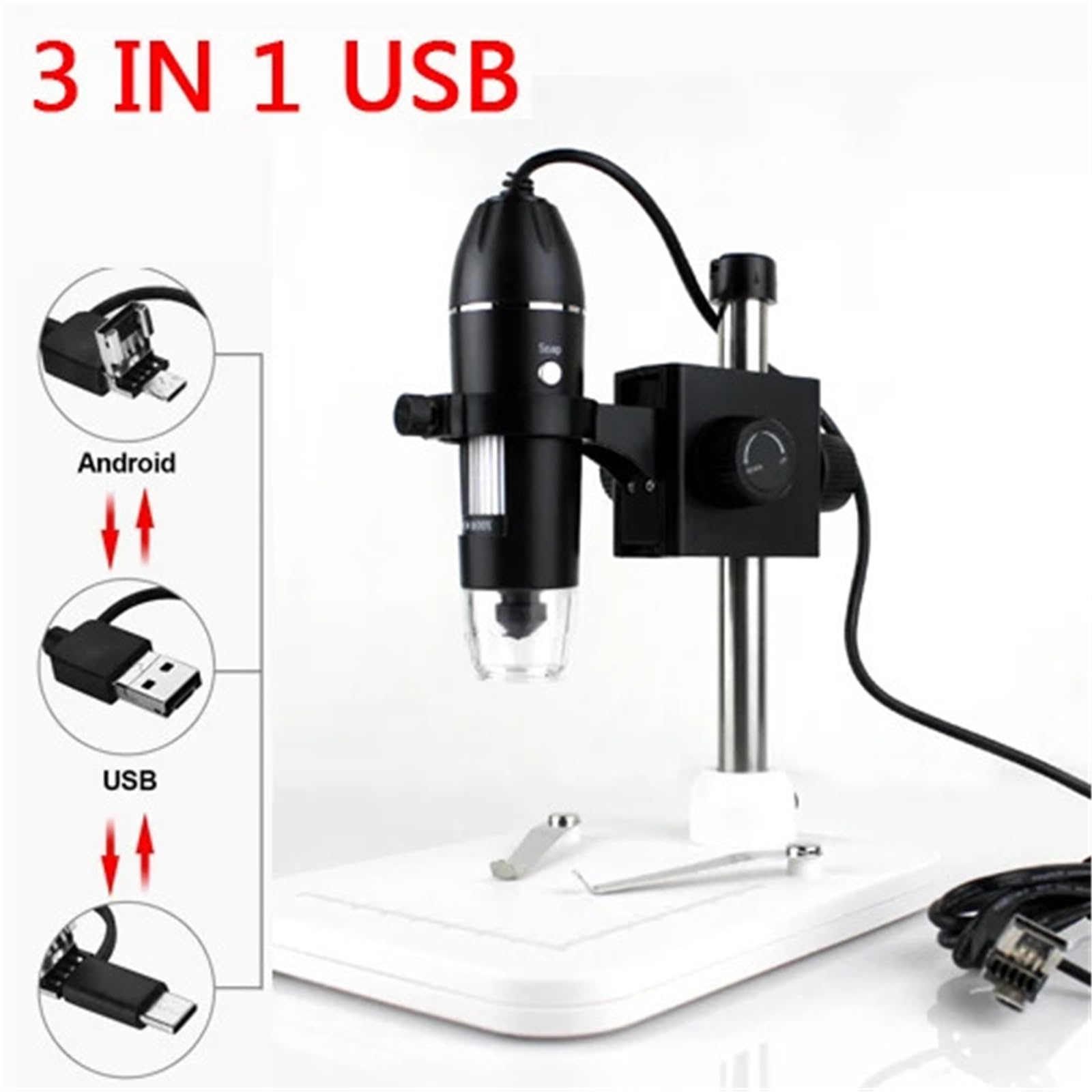 1600X 1000X Mikroskop USB Ręczny Przenośny Mikroskop Cyfrowy Interfejs USB Elektroniczny Mikroskop Powiększenie Lupa Endoskop (3 w 1 Stojak podnoszący, 1000X)
