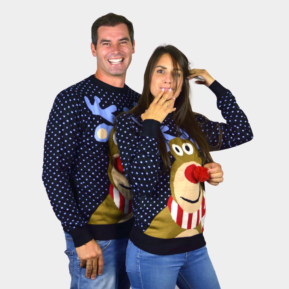 Jersey Navideño para Mujer, Hombre y Niños Reno Rodolfo con Nariz Roja en 3D