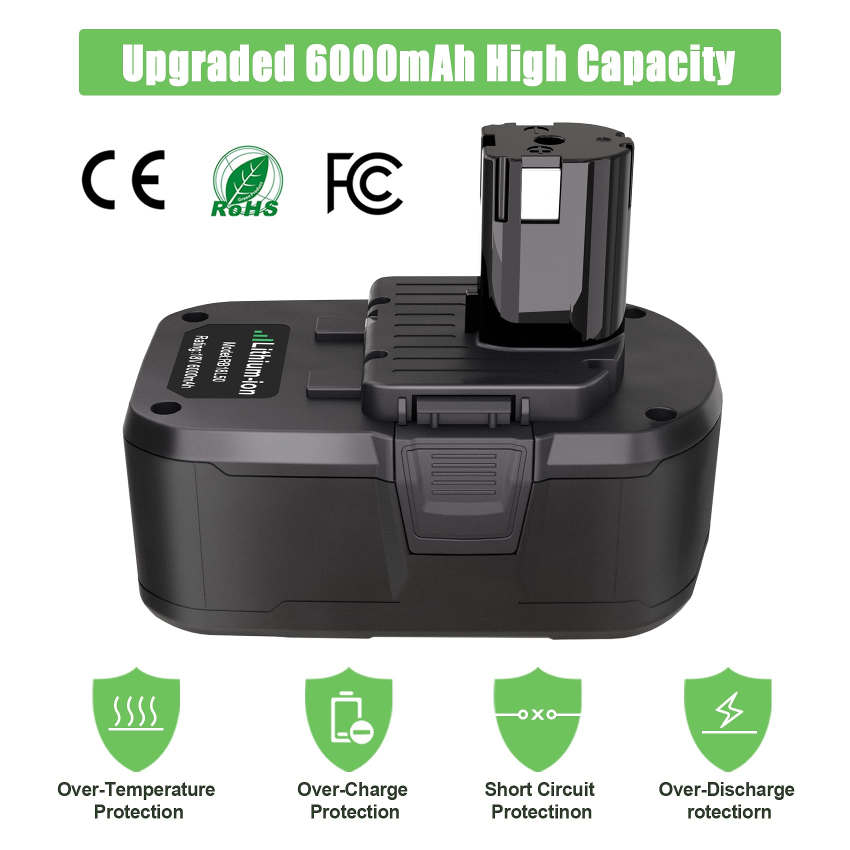 Paquete de 2 baterías de 18 V 6.0 Ah para batería Ryobi de 18 V, batería de litio de 18 V, compatible con batería Ryobi de 18 V, P197, P102, P108, P190, P103, P104, P105, P107, P109, 18 V,